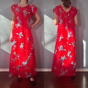 Vintage 60s Hawaiian Dress, 1960s Red Floral Maxi Dress